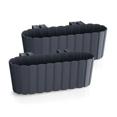 Afbeelding van Spetebo Balkonbloembak met houder, 39 x 13 cm, set van 2, kunststof, leuning, plantenpot in antraciet, tuinbloempot, plantenbak om op te hangen