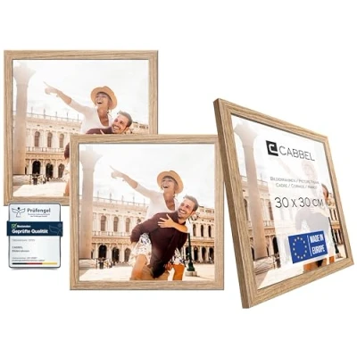 Afbeelding van CABBEL Verpakking van 3 stuks Fotolijst 30x30 cm, MDF houten lijst in eik, met onbreekbaar plexiglas, modern