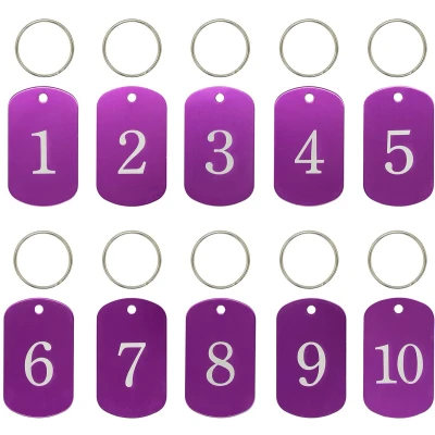 Afbeelding van Gegraveerde nummerlabels, aluminium, labels voor sleutelhangers, met ringen (1 50, paars)