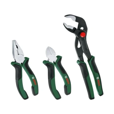 Afbeelding van Bosch 3 delige premium tangenset (3x nauwkeurige, duurzame combinatietang, diagonale zijkniptang + waterpomptang voor robuust multitasken; ergonomische softgrip; vernikkeld oppervlak) Amazon Edition