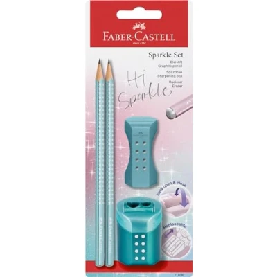 Afbeelding van Faber Castell 118297 potlodenset Sparkle, met puntenslijper, gum en 2 potloden, schrijfset ocean metallic