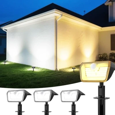 Afbeelding van Linkind solar lampen 2 in 1 spot buiten met bewegingsmelder 3000K &amp; 6500K, 60 LEDs outdoor tuinspot continu licht en oplaadindicator, IP67 waterdichte padverlichting 8M/120, 3 stuks