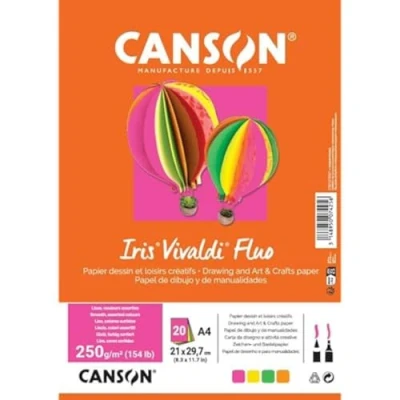 Afbeelding van CANSON Iris Vivaldi gekleurd tekenpapier, glad, 240 g, vel, A4 21 x 29,7 cm, 4 verschillende neonkleuren, 20 vellen