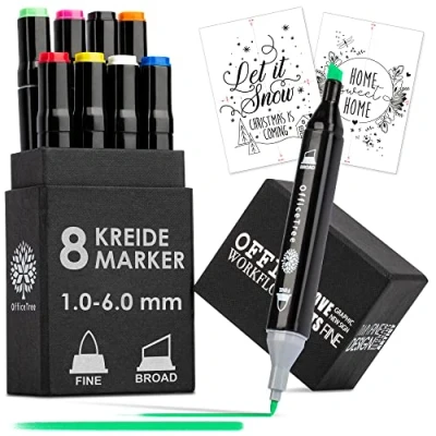 Afbeelding van OfficeTree 8 x Chalk Markers krijtstift voor ramen met ronde punt en afgeschuinde krijtmarker