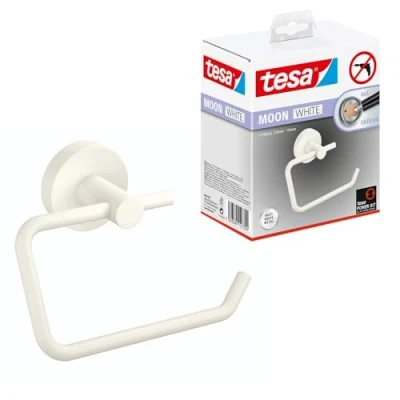 Afbeelding van tesa® MOON WHITE Toiletrolhouder, mat wit Wc rolhouder Zonder Deksel voor Badkamers in Industriële en Moderne Stijl Boren, Zelfklevend 99 mm x 140 53