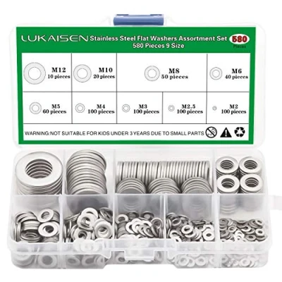 Afbeelding van 304 roestvrijstalen platte sluitringen, set 580 stuks, 9 maten M2 M2,5 M3 M4 M5 M6 M8 M10 M12 geschikt voor woondecoratie, fabrieksherstel, keuken, winkels en buitenbouw