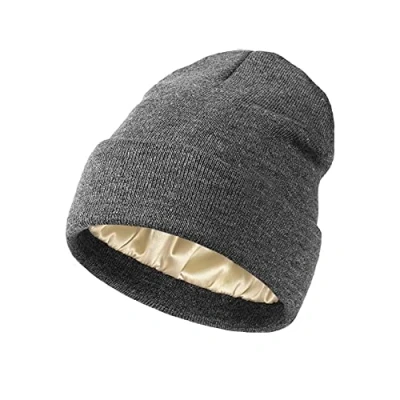 Afbeelding van TOEECY Dames beanie muts warme wintermuts met zacht satijn gevoerde slouchy stretchy gebreide beschermen kapsel fijn winddicht cuffed effen schedel hoed unisex, grijs, One size