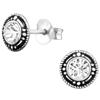 Afbeelding van JoyS Zilveren Bali rond oorbellen 7 mm Swarovski kristal geoxideerd
