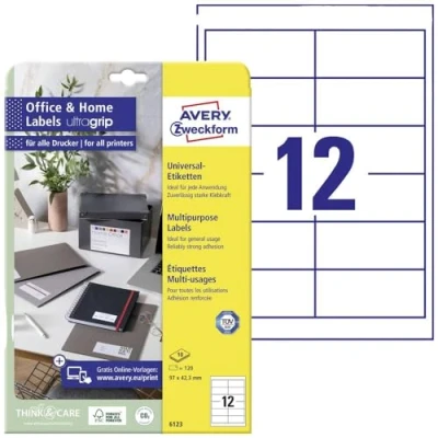 Afbeelding van Avery Zweckform 6123 Universele etiketten 97.3 x 42.3 mm Papier Wit 120 stuk(s) Permanent hechtend Inkjet, Laser (zwart/wit), (kleur), Kopiëren