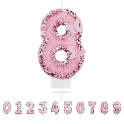 Afbeelding van Verjaardagskaarsen 8 jaar, 3D vlinderkaarsen, getal verjaardagskaarsen, roze kaarsen, taartdecoratie, geschikt voor verjaardagsfeesten, babyfeestjes