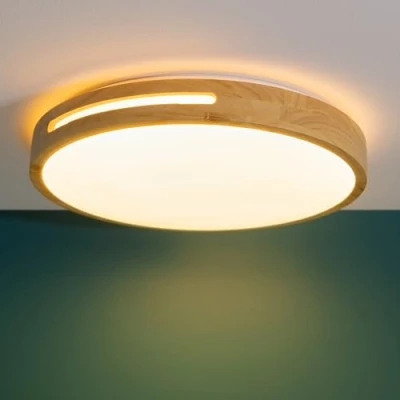 Afbeelding van Lightbox LED Deckenlampe per Wandschalter in 3 step dim Deckenleuchte mit warmweißer Lichtfarbe (3000 K) 39 cm Ø 24 W 2100 lm aus/Kunststoff/Metall/Holz aus Kautschukbaum Hell/Weiß