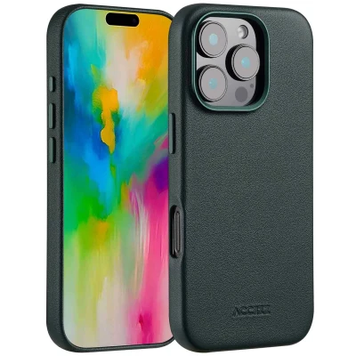 Afbeelding van Apple iPhone 16 Pro MagSafe Hoesje Echt leder Accezz Backcover Donkergroen Telefoonhoesje