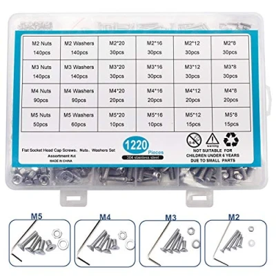 Afbeelding van Homtone Set 1220 stuks M2 M3 M4 M5 in 304 roestvrij staal zeshoekige kopknop, socket kop bouten moeren sluitringen assortiment, met sleutels (platte kop)