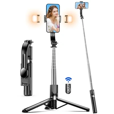 Afbeelding van Selfie Stick met verbeterde Tripod, Tripod 2 Fill Light, 115cm Mobiele Telefoon Afneembare Afstandsbediening, Compatible iPhone Samsung etc, Action Camera GoPro