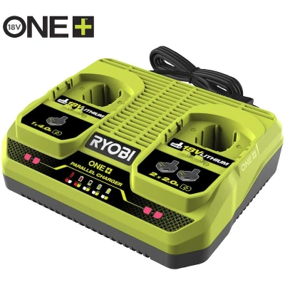 Afbeelding van RYOBI Dubbele gelijktijdige draadloze lithium oplader 18V One+ 2 poorten (4,0 A + 2,0 A) IntelliPort technologie, energiebesparende modus, LED indicatoren RC18240