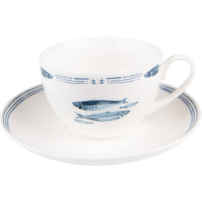 Afbeelding van Clayre &amp; Eef Kop en schotel 250 ml Wit Blauw Porselein Vissen Servies