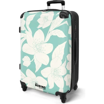 Afbeelding van NoBoringSuitcases.com® Koffer groot Rolkoffer lichtgewicht Turquoise met witte bloemen Reiskoffer 4 wielen Grote trolley XL 20 kg bagage