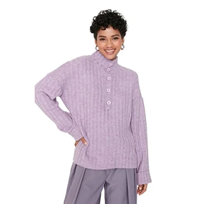 Afbeelding van Trendyol Vrouwen Lage mouw Basis Lila oversized gebreide trui met hoge hals en knoopdetails