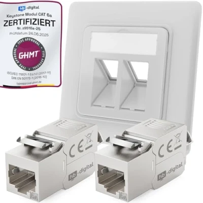 Afbeelding van hb digital 2 poorts CAT 6a netwerkcontactdoos inbouw RAL9003 + 2X Keystone RJ45 module LAN Ethernet bus inbouwbus voor 5e 6 max. 10 Gbit/s STP signaalwit
