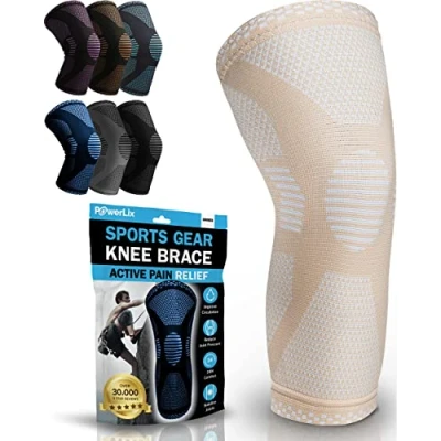 Afbeelding van POWERLIX kniebrace voor vrouwen/mannen, compressie kniebandage meniscusscheur, artritis, Linddert kniepijn, ACL, hardlopen, gewichtheffen, basketbal, volleybal, sport, Beige XL