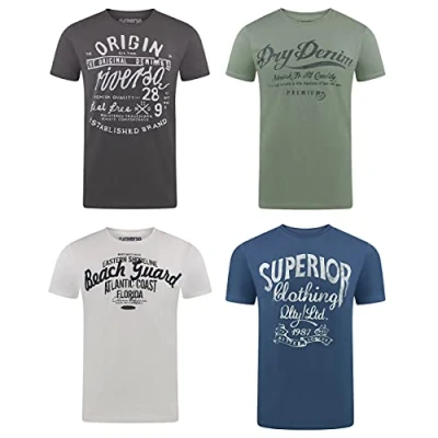 Afbeelding van riverso RIVLeon T Shirt voor heren, 4 Pack, ronde hals, korte mouwen, print, 100% katoen, regular fit, groen, blauw, wit, grijs, rood, oranje, S, M, L, XL, 2XL, 3XL, 4XL, 5XL