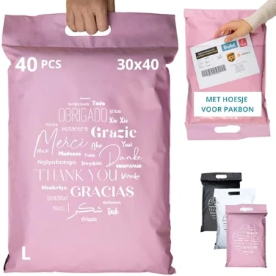 Afbeelding van 40 Verzendzakken Kleding Vinted met VERZENDLABELS L 30x40cm ONDOORZICHTIG/DUURZAAM/WATERDICHT Verzendenvelop van Kunststof Verzendtas handvat tassen voor pakketten Bedankt