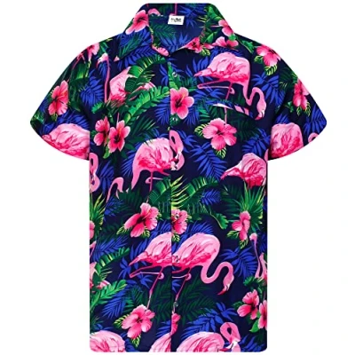 Afbeelding van King Kameha Funky Hawaïhemd voor heren, korte mouwen, voorzak, Hawaii print, vakantie, strand, party, bloemenprint, flamingo Flamingoflowers navypink, L
