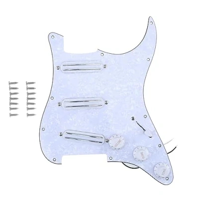 Afbeelding van Musiclily 11 Schroefgaten SSS Pickguard Loaded Slagplaat met Hot Rail Hoge Output Element Set voor Fender Squier Strat Elektrische Gitaar, 4 laags White Pearl