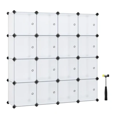 Afbeelding van SONGMICS 15 Cube DIY Shelving System Kunststof kast met deuren in modieuze witte stal en eenvoudig te monteren, grendelloze rekken, LPC44BS