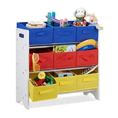 Afbeelding van Relaxdays speelgoedrek met manden 9 opvouwbare kisten opbergrek kinderkamer gekleurd