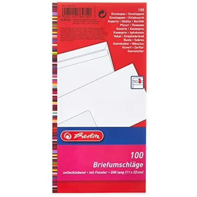 Afbeelding van Herlitz Envelop Din Lang, Zelfklevend Met Venster, 100 Stuks Binnendruk In Folieverpakking, Gelast, Wit