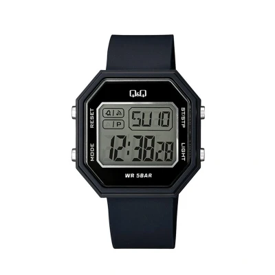 Afbeelding van Q&amp;Q model m206j005 digitaal herenhorloge 5 bar waterdicht zwart kunststof band led light alarm 2 tijden stopwatch