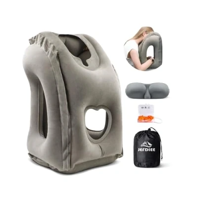 Afbeelding van Opblaasbaar Reiskussen, Vliegtuignekkussen Ondersteunt Comfortabel Hoofd en Kin voor Vliegtuigen, Auto&#039;s Kantoordutjes met 3D oogmasker, Oordopjes Draagbare Tas Koord (Grijs)