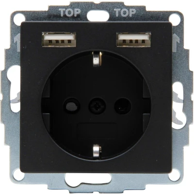 Afbeelding van KOPP Wandcontactdoos Athenis HK07 Inbouw 1 voudig Stopcontact 2 USB Aansluiting Randaarde Kinderbeveiliging Mat Zwart