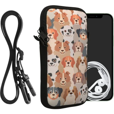 Afbeelding van kwmobile Tasje voor smartphones XL 6,7/6,8&quot; Hoesje van neopreen in wit / lichtbruin grijs Phone case met nekkoord Honden Ontwerp design