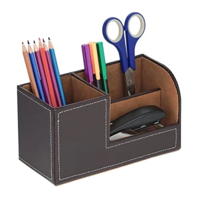 Afbeelding van Relaxdays bureau organizer kunstleer pennenbak desk met 3 vakken make up bruin