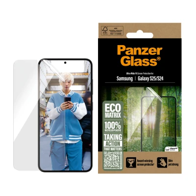 Afbeelding van Screenprotector Samsung Galaxy S25: PanzerGlass Matrix Recycled Ultra Wide Fit Anti Bacterial incl. applicator Plastic