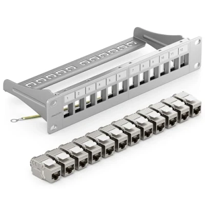 Afbeelding van deleyCON 12 Poorts Patchpaneel Set Modulair 1 U 10&quot; Inch Rekinstallatie + 12x RJ45 Keystone Modules CAT6a Compatibel met CAT5 CAT6 CAT7 LAN Netwerk Kabel Installatie Grijs