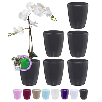 Afbeelding van Santino Orchideeënpotten, set van 6, zelfbewaterende pot met waterlontsysteem en waterpeilindicator, voor gebruik binnenshuis, diameter 12 cm, antraciet, 1,3 liter