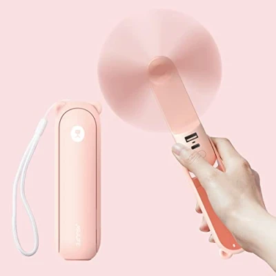 Afbeelding van JISULIFE draagbare ventilator met 4800 mAh powerbank, maximale batterijduur 46 uur, op batterijen, 3 snelheden, roze
