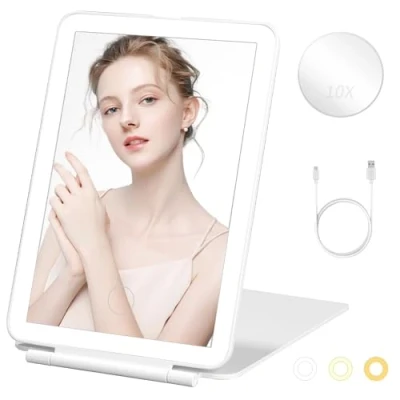 Afbeelding van PERMUST reisspiegel met licht, make upspiegel verlichting, opvouwbare up + 10 x vergrotingsspiegel, touchscreen, dimbaar 3 lichtkleuren, tafelspiegel, staande spiegel