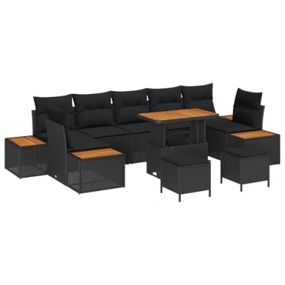 Afbeelding van vidaXL 10 Delige Tuin Sofaset met Kussens Zwart Poly Rattan Acacia, 3 Eettafel Set Acacia