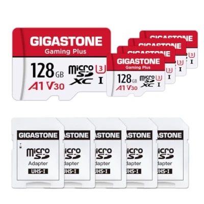 Afbeelding van Gigastone 128GB 5 pack micro sd geheugenkaart, Gaming Plus, SDXC UHS I A1 U3 V30, 100/50 MB/s lees en schrijfsnelheid, 4K video opname, geschikt voor Nintendo Switch, Compactcamera’s, GoPro action cam, card