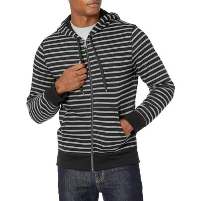 Afbeelding van Amazon Essentials Men&#039;s Fleecetrui met volledige ritssluiting en capuchon (verkrijgbaar in grote lange maten), Zwart Grijs Streep, M