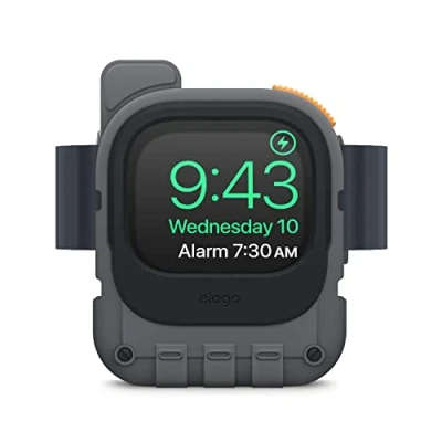 Afbeelding van elago W10 Stand Compatibel met Apple Watch Ultra 2, Ultra, Series 9, 8, 7, 6, 5, 4, 3, 1, SE [49mm, 45mm, 44mm, 42mm] Walkie Talkie Ontwerp, Nachtstand Modus (Donker Grijs)