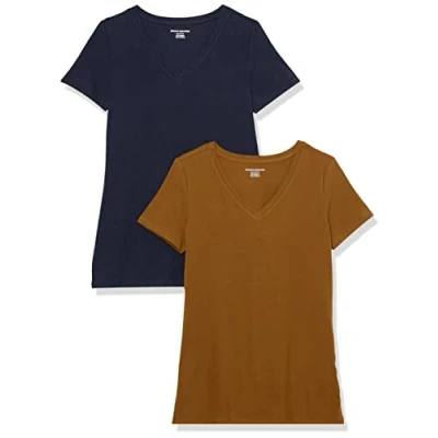 Afbeelding van Amazon Essentials Women&#039;s T shirt met korte mouwen en V hals in klassieke pasvorm, Pack of 2, Donker kastanjebruin/Marineblauw, M