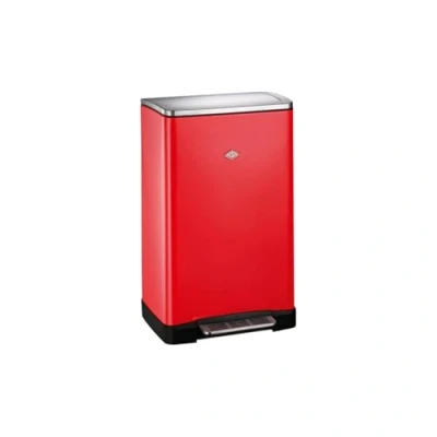 Afbeelding van Wesco Big Double Boy Afvalbak in de kleur rood, gepoedercoat plaatstaal, twee afzonderlijke 18 liter inzetstukken van kunststof, roestvrijstalen voetsteun, bevestiging voor vuilniszakken