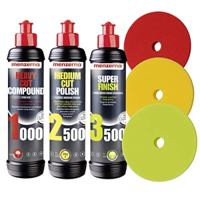 Afbeelding van Menzerna Polijstmiddelen 1000 Heavy Cut + 2500 Medium 3500 Super Finish 3 polijstpads polijstset auto