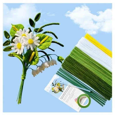 Afbeelding van YYUENG TAK Groen wit boeket set, 200 stuks pijpenreinigers, bloemenset, groene pijpenrager, pijpenrager voor het knutselen van bloemen (4 kleuren), handleiding (mogelijk niet beschikbaar in