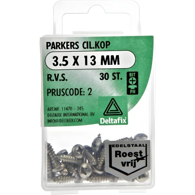 Afbeelding van Deltafix. PARKERS CIL.KOP 3.5 x 13 MM Kruis kop. R.V.S. 30 Stuks. Metaal schroeven.